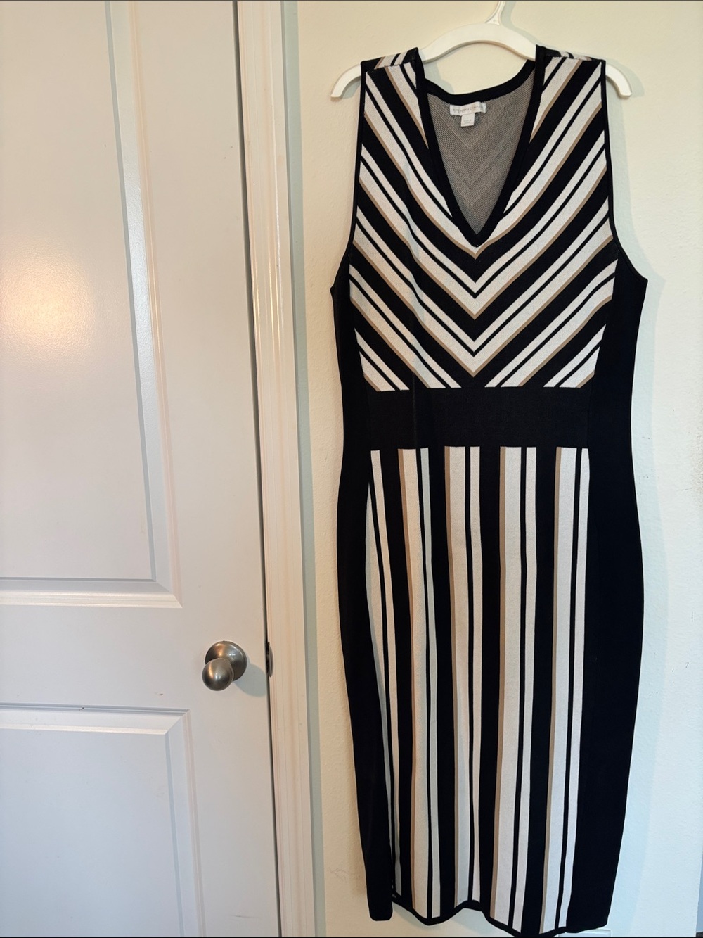 New York & Company Black and White Striped V-Neck Midi Dress